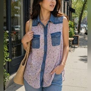 Papillon Blanc Floral Denim Style Button Front Sleeveless Top Large Blue Pink